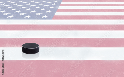 Canvas Print Hockey Puck and USA Flag on Ice With Copy Space