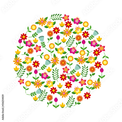 flowers and branches in circle shape over white background. spring season concept. vector illustration