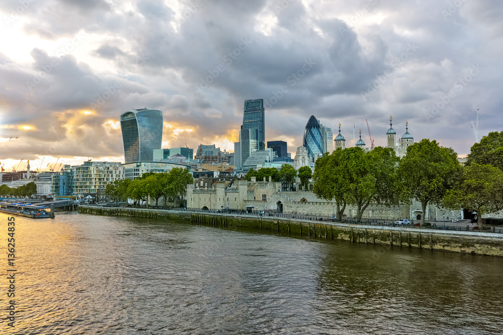 Sunset panorama of city of London and Thames river, England, Great Britain