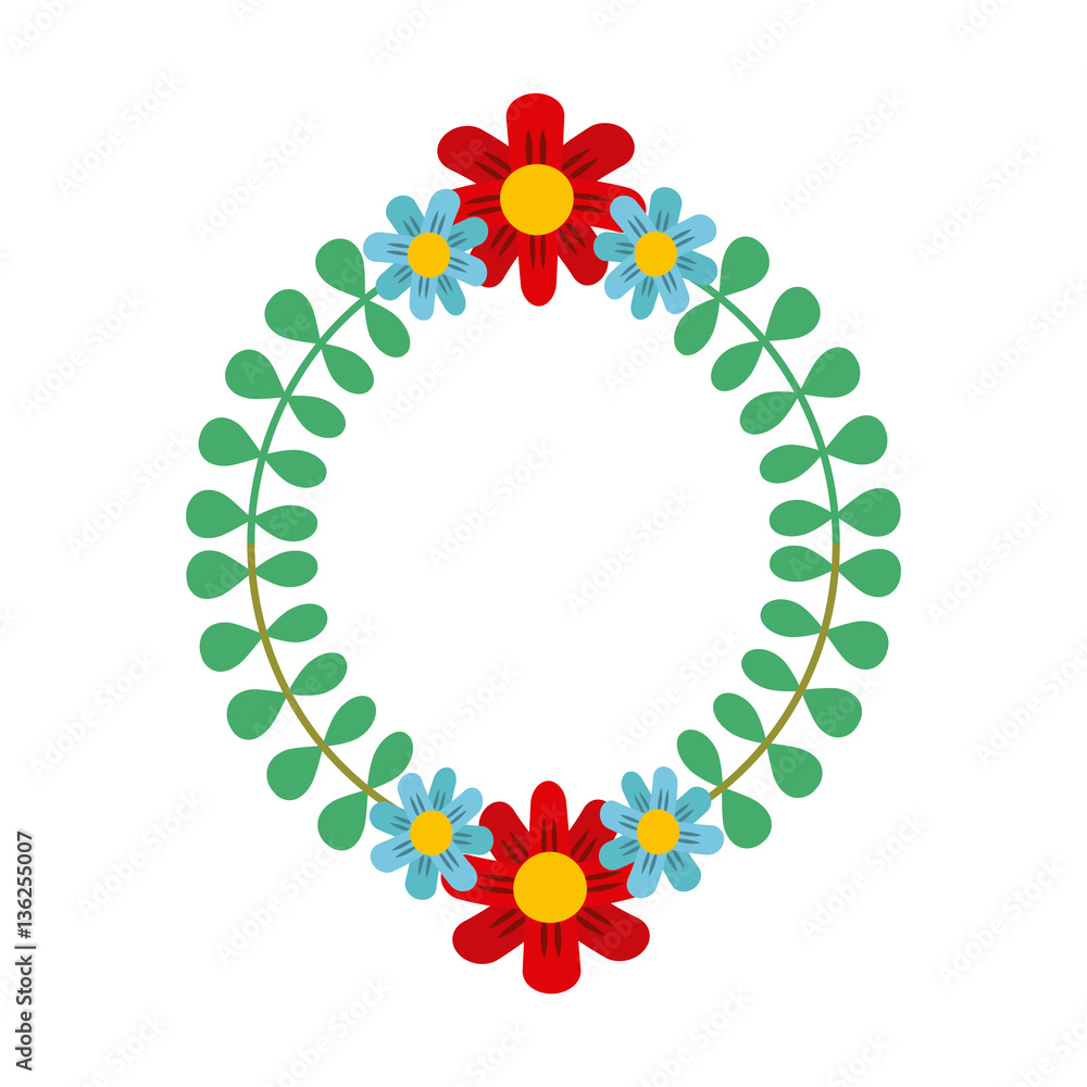 wreath of leaves and flowers over white background. spring season concept. vector illustration