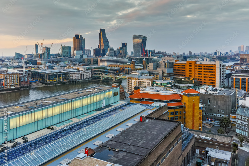 Sunset panorama of city of London and Thames river, England, Great Britain