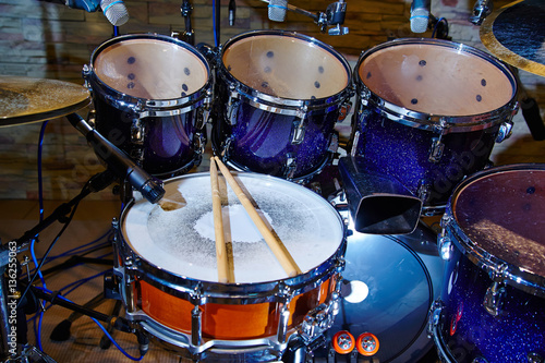 Drums set and sticks, close-up