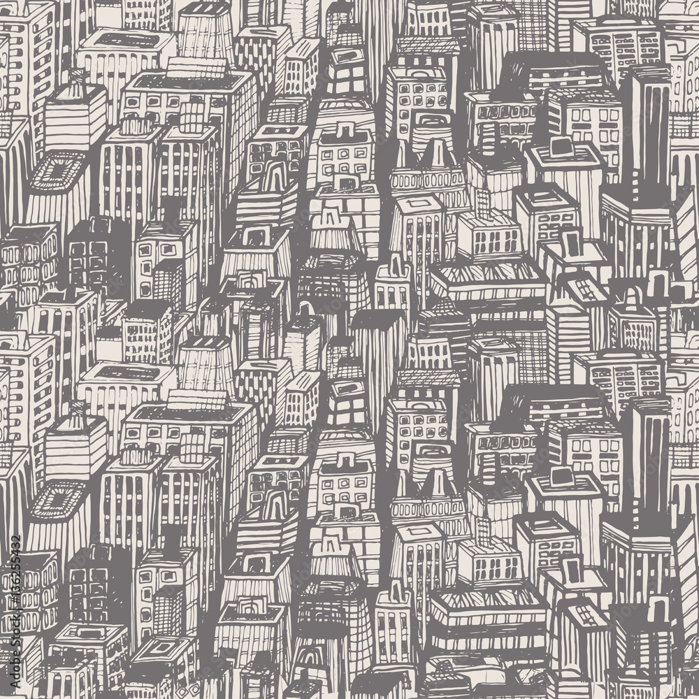 Vintage design newsprint hand drawn seamless pattern with big city. Vector illustration with NYC architecture, skyscrapers, megapolis, buildings, downtown.