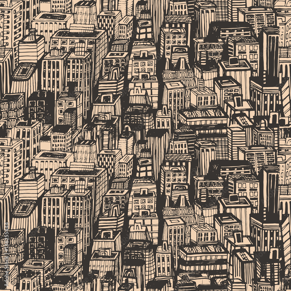 Vintage design newsprint hand drawn seamless pattern with big city. Vector  illustration with NYC architecture, skyscrapers, megapolis, buildings,  downtown. Stock Vector
