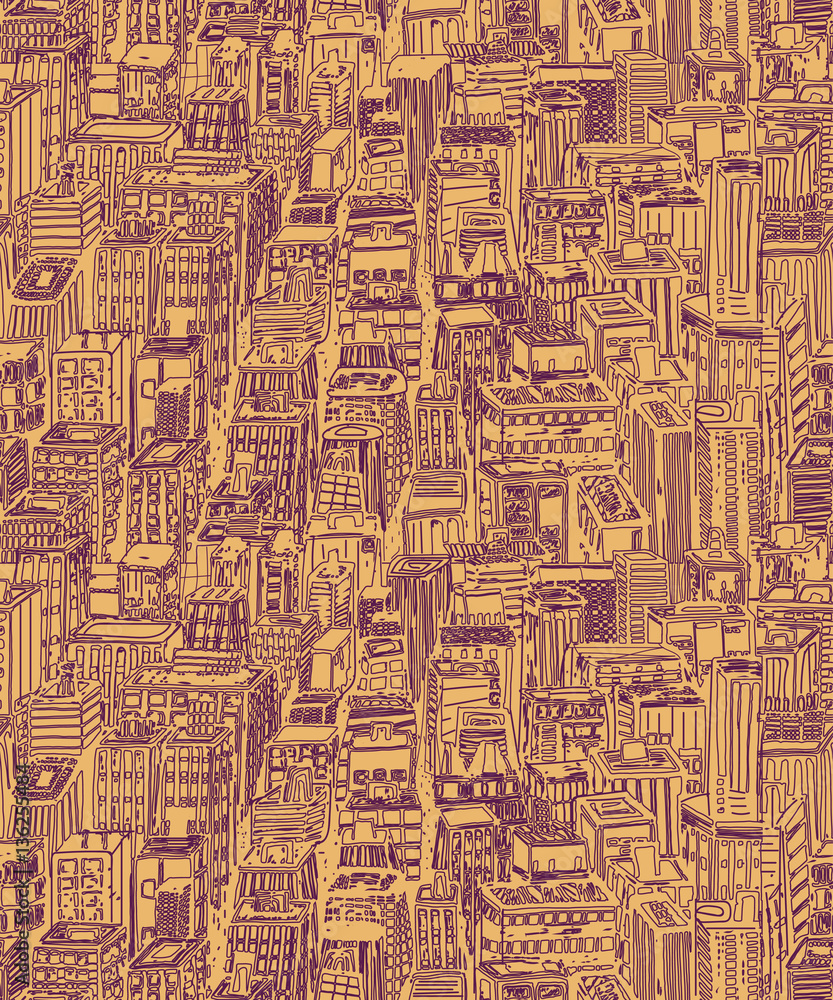 Hand drawn seamless pattern with skyscrapers. Hand drawn Vintage illustration with New York city NYC, cityscape with panoramic view of architecture, skyscrapers, megapolis, buildings, downtown.