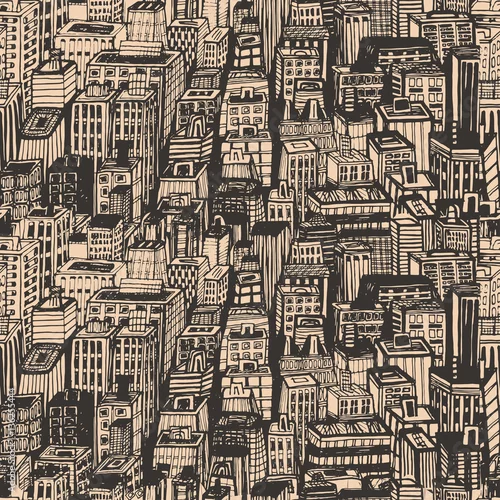 Tapety Ręcznie rysowane wzór gazety Vintage design z wielkim miastem. Ilustracja wektorowa z architektury NYC, wieżowce, megapolis, budynki, centrum miasta.