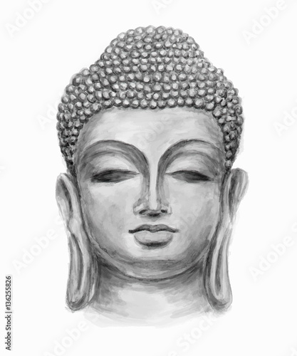 Hand drawn monochrome Isolated Buddha head, which is in deep meditation executed in watercolor