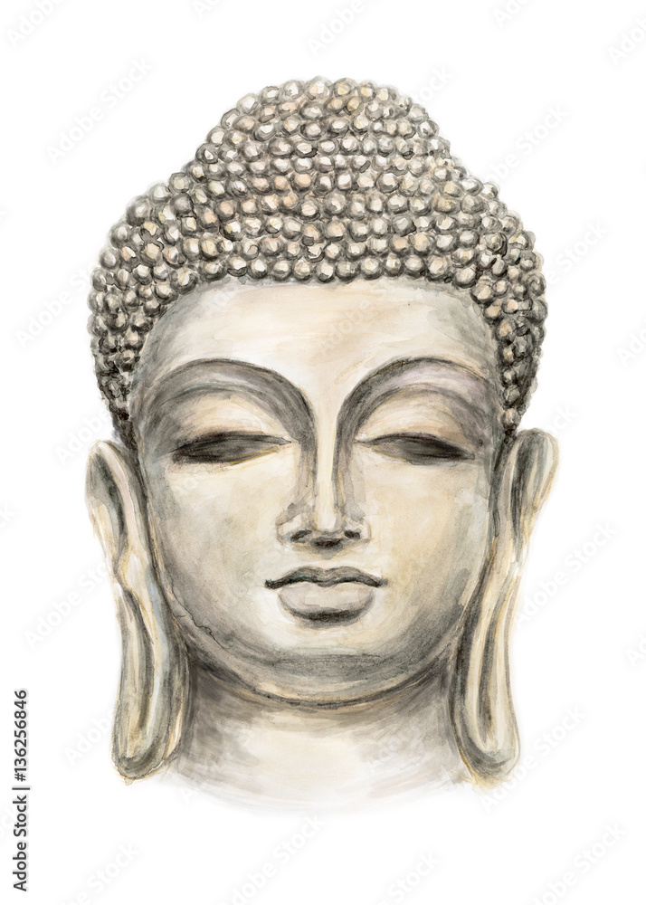 Hand drawn Isolated Buddha head, which is in deep meditation executed in watercolorHead Smiling Buddha Hand drawn Isolated Buddha head, which is in deep meditation executed in watercolorHead Smiling Buddha