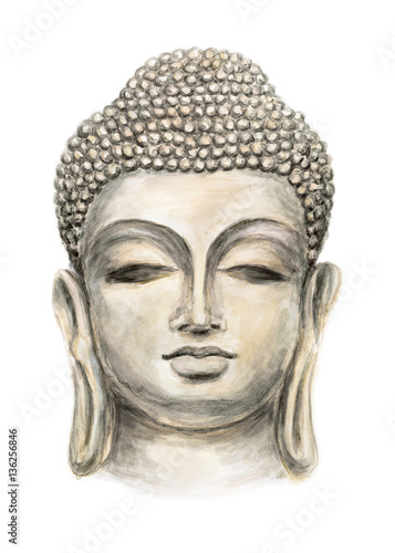 Hand drawn Isolated Buddha head, which is in deep meditation executed in watercolorHead Smiling Buddha