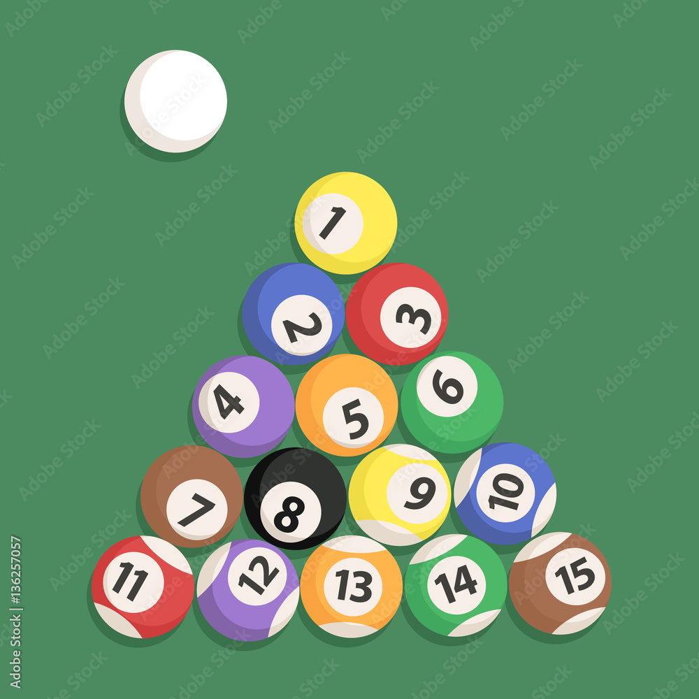 Billiard Ball Set Triangle. Vector illustration of billiards ball set isolated on green table background. Billiard Ball Set Triangle. Vector illustration of billiards ball set isolated on green table background.