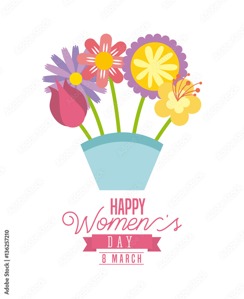 Obraz happy womens day card with flowers bouquet icon over white background. colorful design. vector illustration