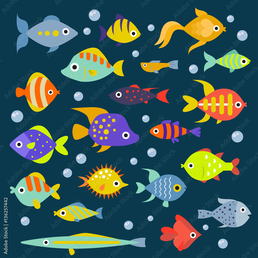 Aquarium flat style fishes body vector icons