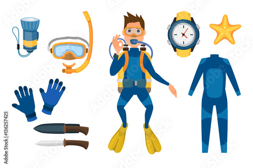 Spearfishing diving equipment vector set.