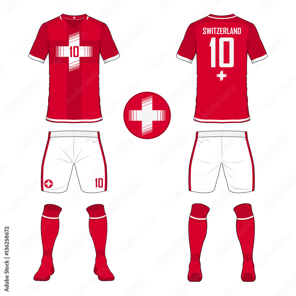 Set of soccer jersey or football kit template for Switzerland national  football team. Front and back view soccer uniform. Sport shirt mock up.  Vector Illustration Stock Vector | Adobe Stock