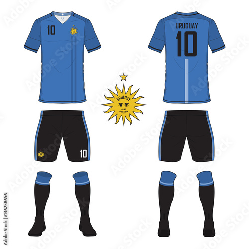 Set of soccer jersey or football kit template for Uruguay national football team. Front and back view soccer uniform. Sport shirt mock up. Vector Illustration