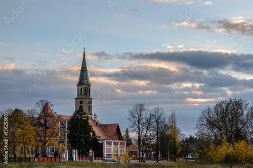Castle and church in the autumn, selective focus