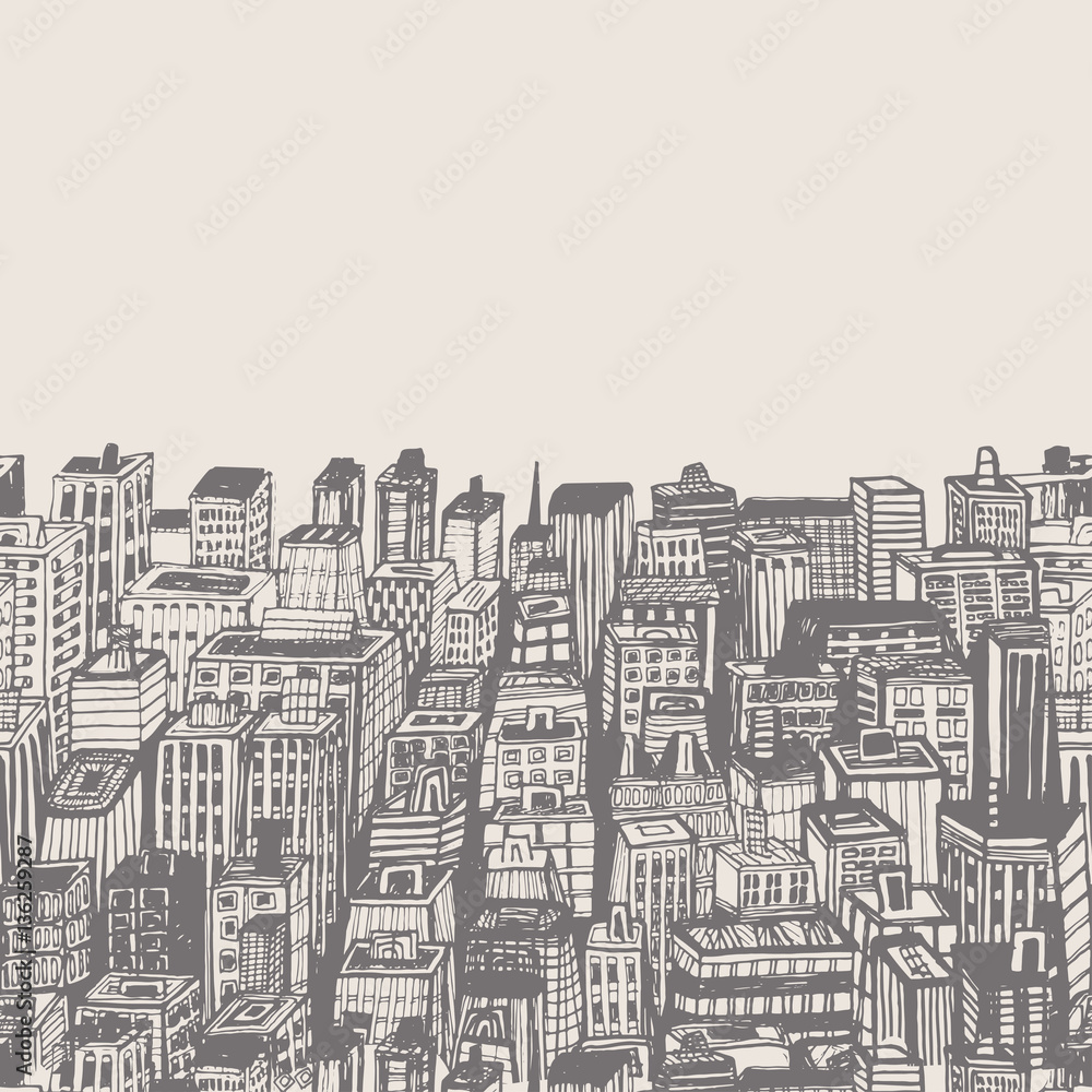 Seamless background banners of big city with skyscrapers. Hand drawn Vintage  illustration with New York city NYC, cityscape with panoramic view of  architecture, skyscrapers, megapolis, buildings Stock Vector