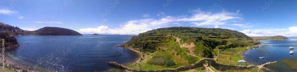 Stunning Panoramic view looking out over Lake Titicaca from Isla del Sol in Bolivia