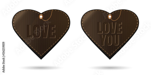 Set vintage leather hearts with inscription - Love, Love you. Labels in the shape of a heart for Valentine's Day and other romantic events. Vector illustration isolated on white background
