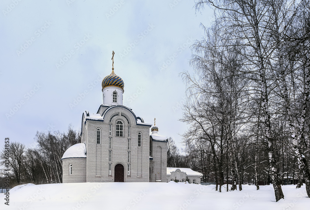 Church of the Nativity in Rozhdestvenskiy Tula region, Russia. Winter landscape.