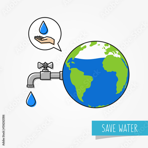 Drying planet earth vector illustration. Save water graphic design. Do not waste water creative concept. Globe with faucet and water droplet.
