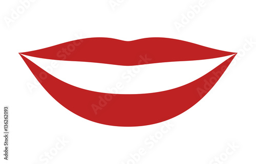 Red smiling lips with white teeth or smile flat vector icon for apps and websites