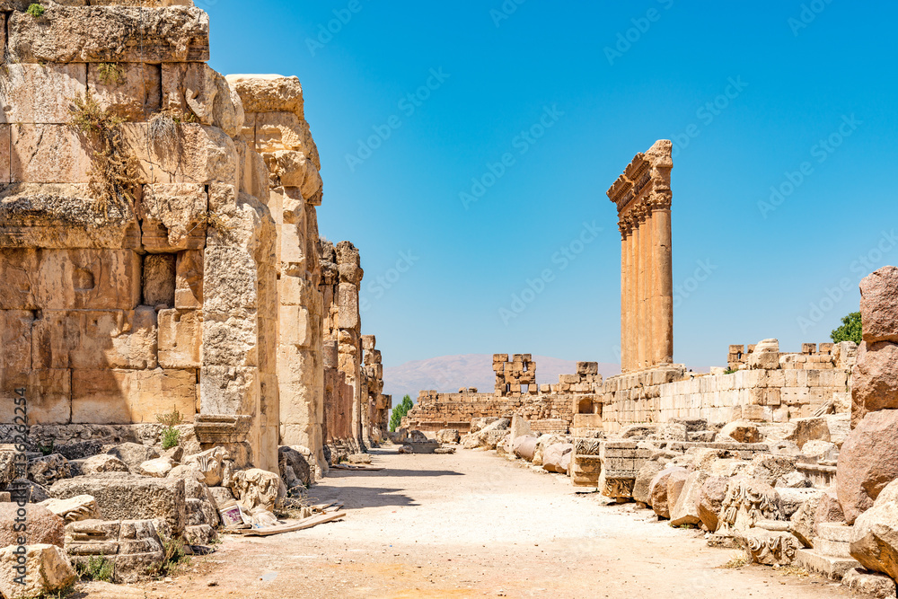 Fototapeta premium Baalbek in Beqaa Valley, Lebanon. Baalbek is located about 85 km northeast of Beirut and about 75 km north of Damascus. It has led to its designation as a UNESCO World Heritage Site in 1984.