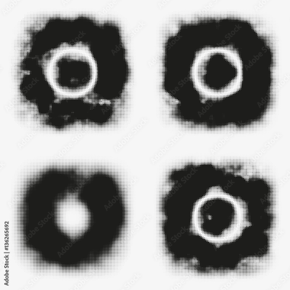 Set of black halftone circles. Modern vector artistic illustration. Abstract monochrome round shape made of dots. Splattered particles with different size. Element of trendy design.