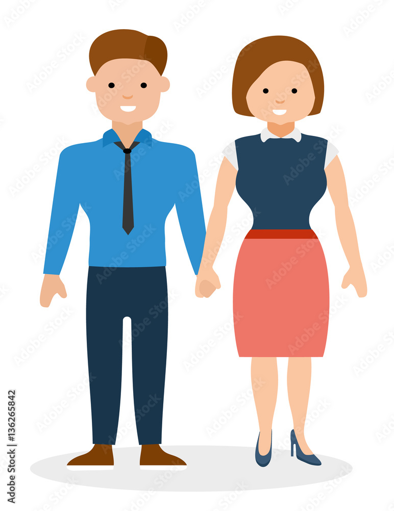 Happy young couple holding hands and smiling. European cute family. Cartoon vector flat-style illustration. Happy young couple holding hands and smiling. European cute family. Cartoon vector flat-style illustration.
