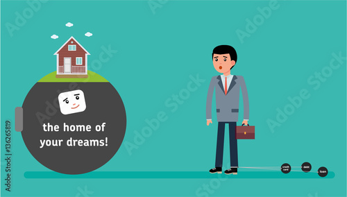 A young employee with the smallest debt offer the mortgage on the house. The home of your dreams Cartoon vector flat-style illustration.