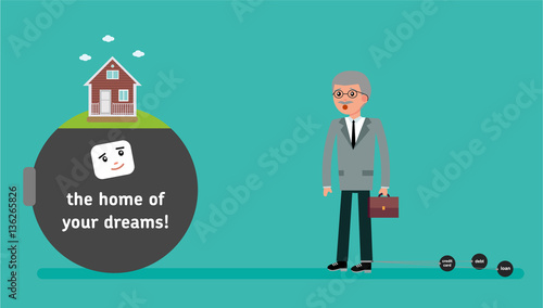 The boss with the smallest debt wants a home loan. Your dream house. Cartoon vector flat-style illustration.