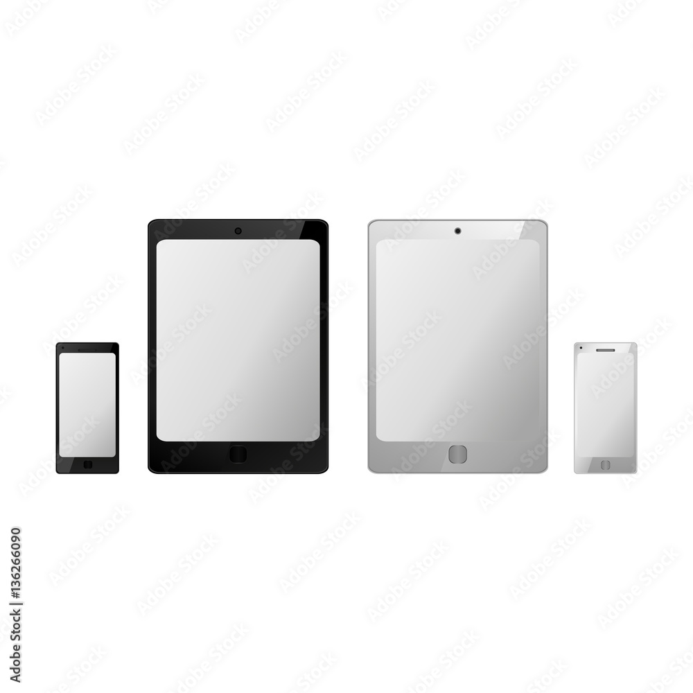 black and white tablet and smartphone vector mockup, phone template with white black screen over white, vector illustration black and white tablet and smartphone vector mockup, phone template with white black screen over white, vector illustration