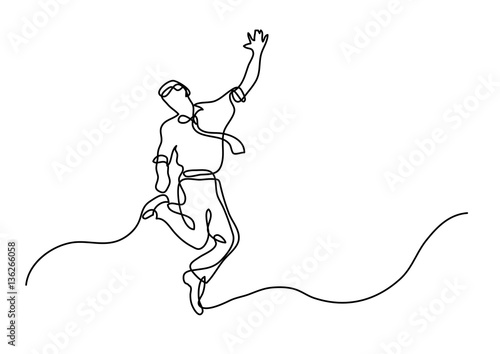 continuous line drawing of cheerful jumping businessman