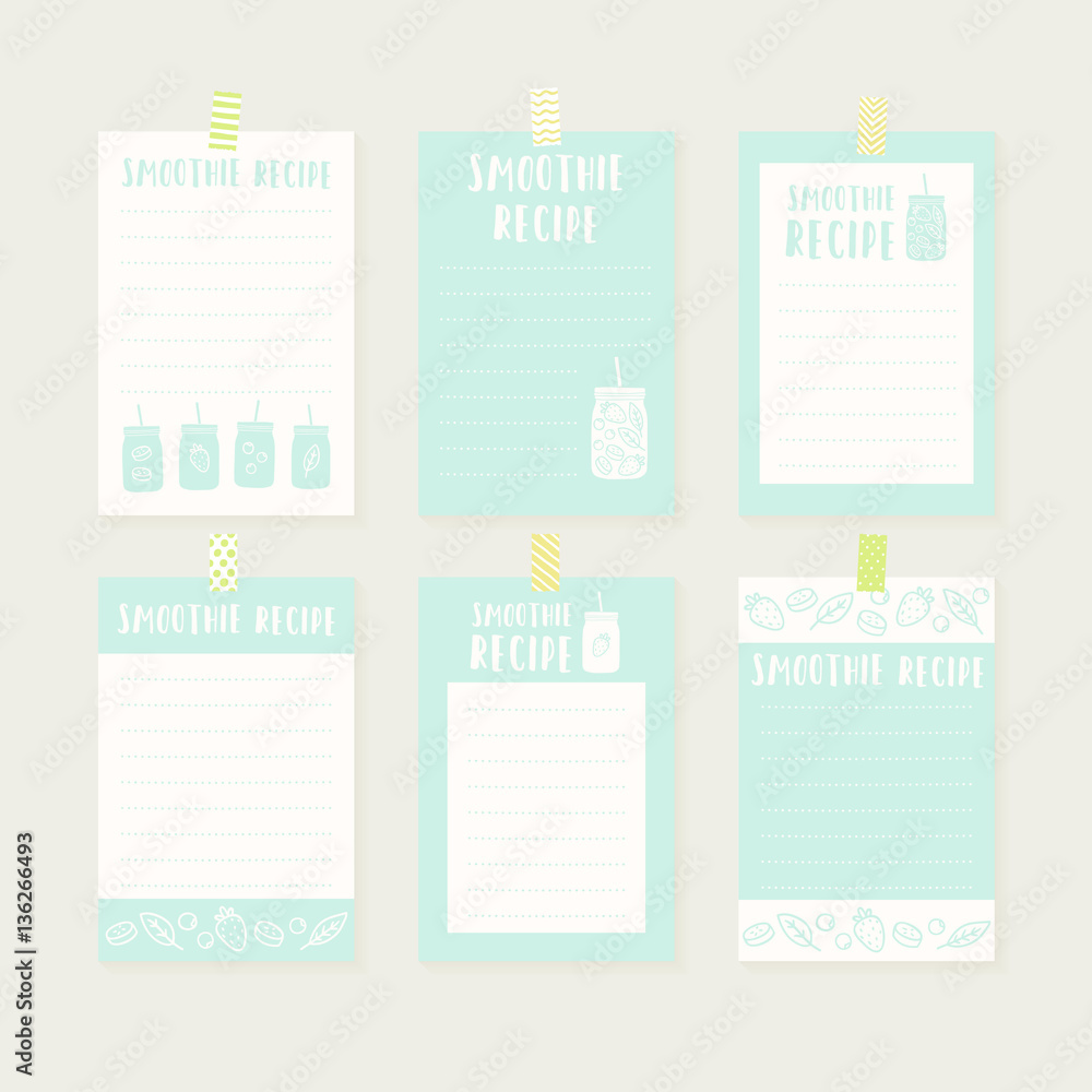 Set of cute hand drawn smoothie recipe cards. Vector illustration. Set of cute hand drawn smoothie recipe cards. Vector illustration.