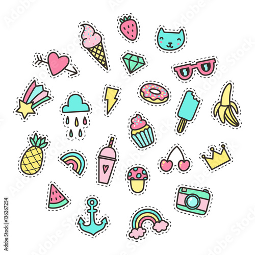 Set of cute pop stickers. Vector hand drawn objects