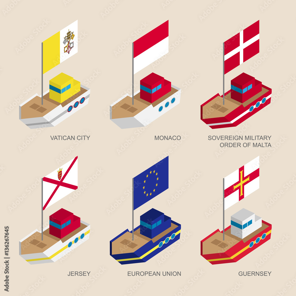 Set of isometric 3d ships with flags of European countries. Vessels with - Vatican, Monaco, of Malta, Jersey, Guernsey, European Union (EU). Sea icons for Stock Vector