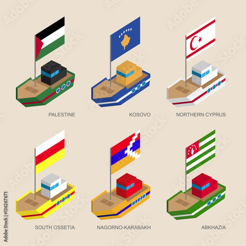 Set of isometric 3d ships with flags of partially recognised states. Vessels with standards - Palestine, Kosovo, Northern Cyprus, Abkhazia, South Ossetia, Nagorno-Karabakh. Sea transport icons.