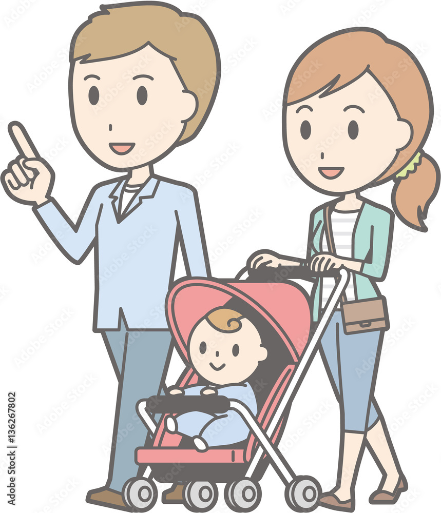 Illustration of a couple walking pushing a stroller Illustration of a couple walking pushing a stroller
