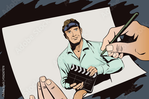 Man with clapperboard. People in retro style.