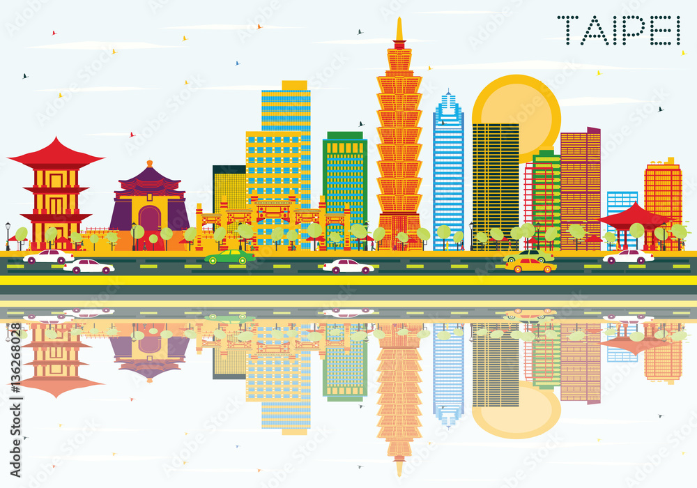 Naklejka premium Taipei Skyline with Color Buildings, Blue Sky and Reflections.