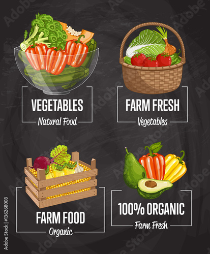 Organic farm harvest set vector illustration. Fresh natural vegetable, organic farming, vegan food store, retail farm product label. Healthy farm advertising with pepper, broccoli, corn, tomato, onion