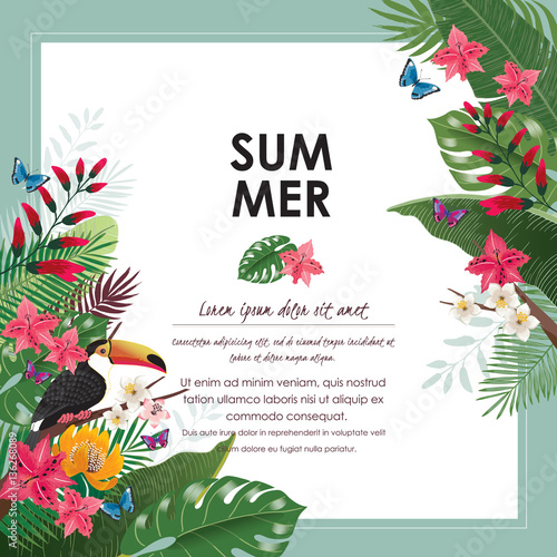  Vector illustration of tropical flowers in summer with birds and butterflies for wedding invitations and birthday cards and background. 				