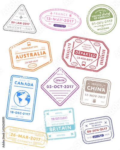 International travel visa stamps vector isolated on white background. Arrivals sign rubber stamps. Italy, France, Usa, China, Germany and other countries sign.
