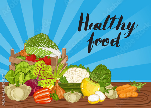 Healthy food banner vector illustration. Fresh natural vegetable, vegetarian nutrition, organic farming, eco product. Vegan food concept with cabbage, onion, pepper, tomato, broccoli on wooden table