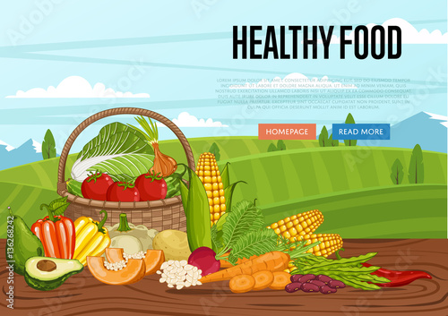 Healthy food banner with vegetable on wooden table vector illustration. Natural eco product, vegetarian nutrition, organic farming. Vegan food concept with corn, pepper, tomato, zucchini, carrot