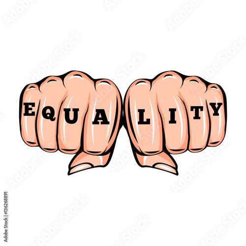 Equality tattoo. Feminism poster with female fists. Vector illustration isolated on white