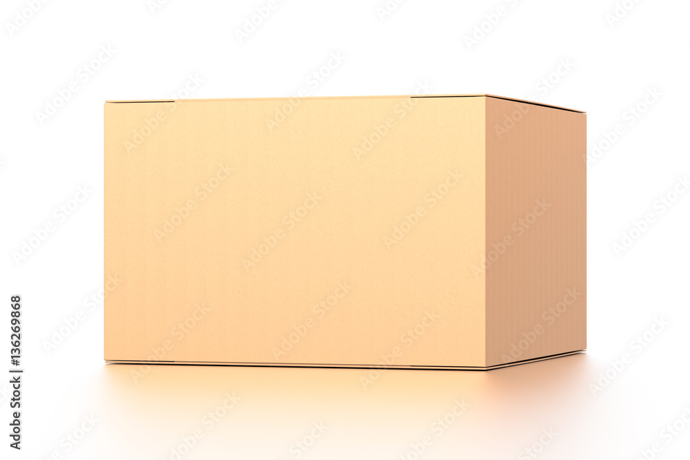 Brown corrugated cardboard box from front far side angle. Blank, horizontal, and rectangle shape. Brown corrugated cardboard box from front far side angle. Blank, horizontal, and rectangle shape.
