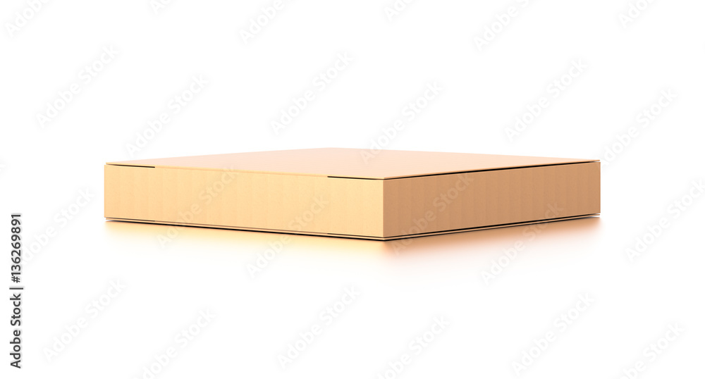 Brown corrugated cardboard box from side angle. Blank, horizontal, and rectangle shape.
