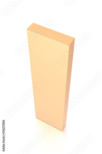 Brown corrugated cardboard box from top side closeup angle. Blank, vertical, tall, long and rectangle shape.