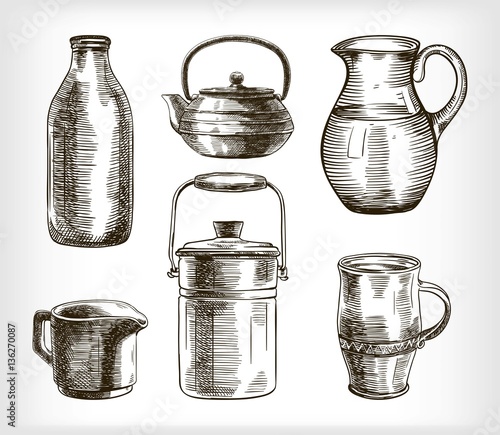 vintage cookware. set of vector sketches